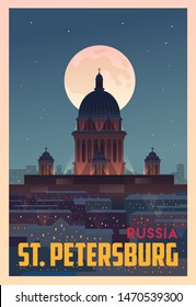 Schöne Stadt in der Nacht in Russland mit Gebäuden, dem Mond, Wahrzeichen. Zeit zu reisen. Überall auf der Welt. Qualitätsvektorposter. St. Petersburg.