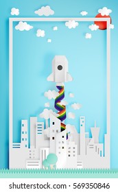Beautiful cityscape with rocket paper art style vector illustration