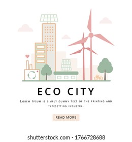 Beautiful cityscape with skyscrapers, windmills, solar panels, vector illustration.