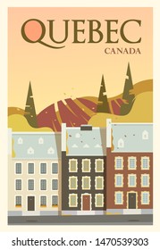 Beautiful cityscape in sunny autumn day in Canada with buildings, trees, street. Time to travel. Around the world. Quality vector poster. Quebec.