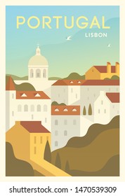 Beautiful cityscape in sunny  day in Portugal with historical buildings, trees, street. Time to travel. Around the world. Quality vector poster. Lisbon.