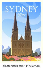 Beautiful cityscape in sunny day in Sydney with buildings, church, flowers. Time to travel. Around the world. Quality vector poster. St. Mary’s Cathedral.