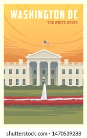 Beautiful Cityscape In Sunny Day In Washington DC With Building, Field, Flowers. Time To Travel. Around The World. Quality Vector Poster. The White House.