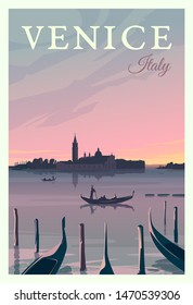 Beautiful cityscape in sunset in Venice with historical buildings, sea, gondolas. Time to travel. Around the world. Quality vector poster. Italy.