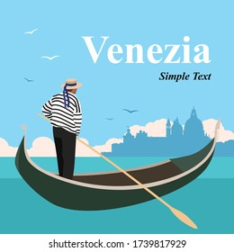 Hermoso paisaje urbano en Venecia con edificios históricos, mar, gondola. Es hora de viajar. En todo el mundo. Cartel vectorial de calidad. La profesión de los hombres italianos.