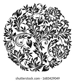 Beautiful classic black and white round pattern with leaves and flowers. Vector round print.