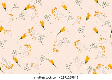 Beautiful classic floral seamless pattern with plants and field flowers on light pink background. Vector illustration.