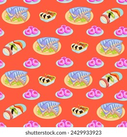 Beautiful Classic Japanese Seamless Pattern, food vector illustration.