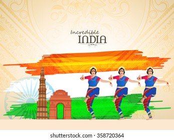 Hermosas bailarinas clásicas con monumentos históricos sobre el diseño floral creativo decorado como fondo para la celebración del Día de la República India Feliz.