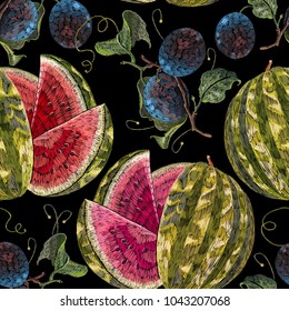Beautiful classical embroidery tropical fruit watermelons and blossoming plum summer seamless pattern. Embroidery plum, grapes watermelon seamless pattern 