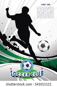 Beautiful Classical football illustration. Original vector concept flyer of soccer Action Player. Abstract poster sports series. Background for design with place for your text, eps8