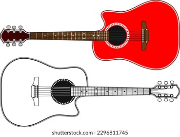 beautiful classical six-string guitar colored and black isolated on white background