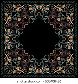 Beautiful  classy bandana.Floral  pattern with paisley  and  flowers. Vector print square -black background, traditional eastern ornament for the scarf, for clothes.