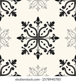 Beautiful Classy Grand Royal Victorian's Era with Silver Black Scroll Ornament Detailed Filigree Luxury Lace Decoration on Beige Background. Luxury Royal Delicate Silk Embroidery Seamless Pattern.