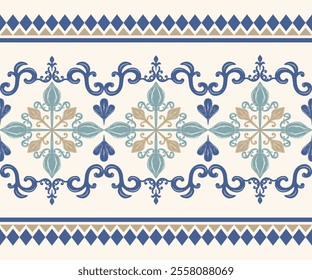 Beautiful Classy Scroll Ornament Border Pattern Royal Blue Cool Tone and Gold on Beige Background. Luxury Qing Hand Draw Style with Geometric Stripe Design for Decoration Silk Weaves Carpet Opulence