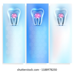 Beautiful clean artistic transparent tooth anatomy templates set, with white abstract swirly flower on a delicate clean blue background