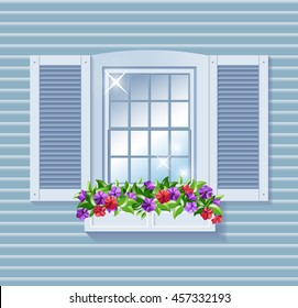 Beautiful Clean Shine Window with Shutters and Petunia Flower Box. Blue Frame and Wooden Wall. Spring Cleaning vector illustration.
