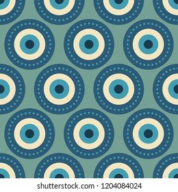 Beautiful clean turkish eye vector pattern with round nazar elements, seamless repeat. Modern flat style in muted color palette. Great for apparel design, packaging & paper products, souvenirs etc.