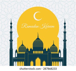 Beautiful clean vector background or greeting card template on Generous Ramadan with traditional arabic pattern and mosque silhouette. The meaning of Ramadan Kareem is Ramadan The Generous Month
