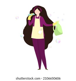 Beautiful cleaning lady with sponge and cleaning agent in a bottle. Vector illustration.