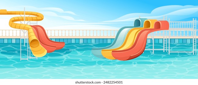 Beautiful clear pool with water park slides tube, sunbed and umbrella. Bright clear water in pool, colorful pipes. Vector illustration with sky on background