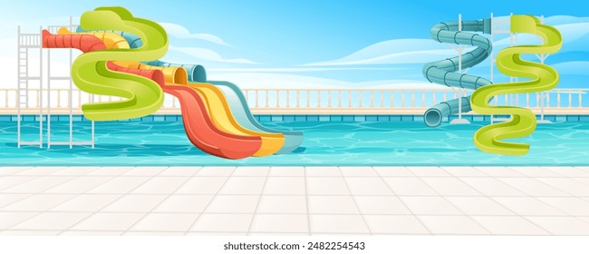 Schöner klarer Pool mit Wasserpark-Rutschenröhre. Helles klares Wasser im Pool, bunte Rohre. Vektorillustration mit Himmel auf Hintergrund