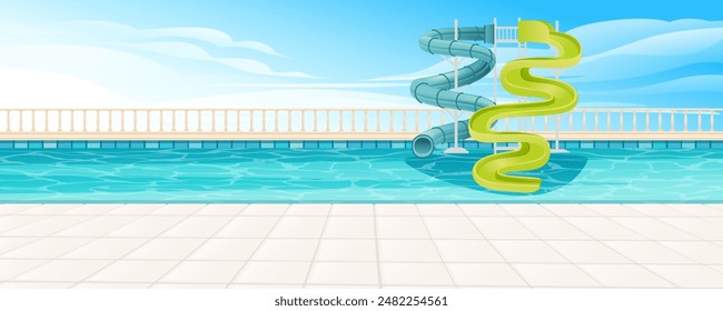 Beautiful clear pool with water park slides tube. Bright clear water in pool, colorful pipes. Vector illustration with sky on background
