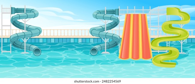 Beautiful clear pool with water park slides tube. Bright clear water in pool, colorful pipes. Vector illustration with sky on background