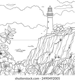 Beautiful cliffy scene of a lighthouse among rocks, with a flowery, leafy foreground. Colouring book page design, vector outline.