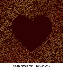 Beautiful clip art with golden pattern around emply heart shape on purple background