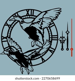 Beautiful clock with birds laser cut. Ducks in flight. Vector silhouette, stencil, laser cutting...