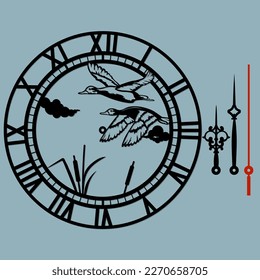 Beautiful clock with birds laser cut. Ducks in flight. Vector silhouette, stencil, laser cutting..