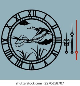 Beautiful clock with birds laser cut. Ducks in flight. Vector silhouette, stencil, laser cutting..