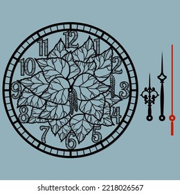 Beautiful clock with a beautiful illustration, laser-cut birch leaves with earrings. Vector silhouette, stencil, laser cutting...