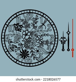 A beautiful clock with a beautiful illustration, laser-cut floral pattern. Vector silhouette, stencil, laser cutting...