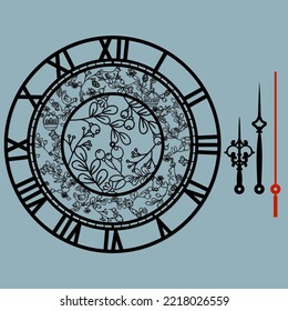 A beautiful clock with a beautiful illustration, laser-cut. Great Easter. Vector silhouette, stencil, laser cutting...