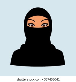 Beautiful closed face of the Muslim Arab woman. Plane icon, vector illustration