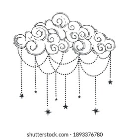 Beautiful cloud in bohemian style, linear hand drawn illustration. Vector boho illustration, cloud with jewelry and stars isolated on white background. Vintage mystical design, tattoo