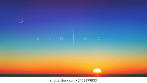 Beautiful cloudless ocean dusk sunrise or sunset im minimal style. Sun setting over the horizon. Simple idyllic romantic ambient soft blurred landscape background for banner, flyer, cover or poster