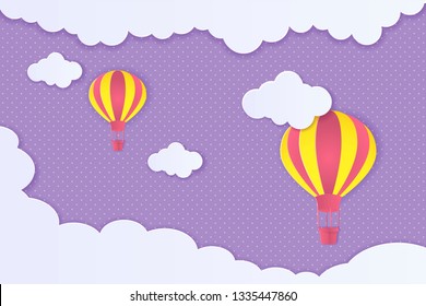 Beautiful clouds and air balloons! Abstract paper art 3D vector illustration on purple background. 