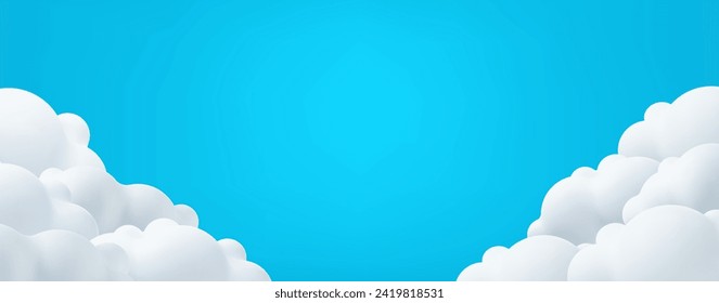 Beautiful clouds on blue sky background. Place for text. Summer day paperart banner header. Spring morning,template, border header. Vector illustration