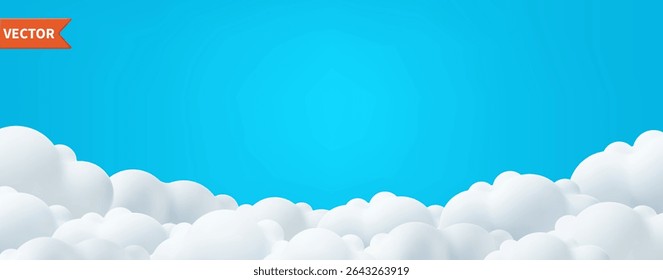 Beautiful clouds on blue sky background. Place for text. Summer day paperart banner header. Spring morning,template, border header. Vector illustration