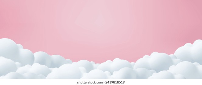 Beautiful clouds on pink backdrop. Place for text. Happy Valentine's day, happy mother s day background, baby girl wallpaper. Romantic sale layout template, border header. Vector illustration