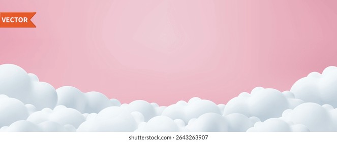 Beautiful clouds on pink backdrop. Place for text. Happy Valentine's day, happy mother s day background, baby girl wallpaper. Romantic sale layout template, border header. Vector illustration