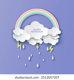 Beautiful clouds and rainbow in rainy season. Rainy season. Happy Monsoon. paper cut and craft design. vector, illustration. 