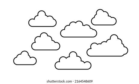 Bonito conjunto de nubes. Line Art. Dibujo a mano garabato apuesto. Kit de diseño elegante con afiche plano, caricatura, volantes, postales, banners web. Negro sobre fondo blanco. Objeto aislado.