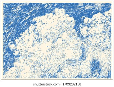 Beautiful clouds in the sky. Decorative dashed hand drawing image. Pen and ink retro classic etching/engraving style illustration.