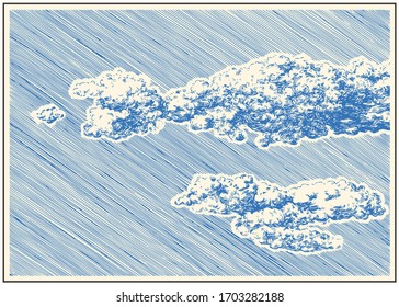 Beautiful clouds in the sky. Decorative dashed hand drawing image. Pen and ink retro classic etching/engraving style illustration.