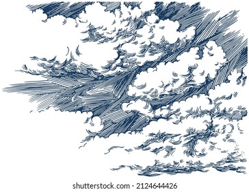 Beautiful clouds in the sky. Decorative dashed hand drawing image. Pen and ink retro classic etching, engraving style illustration.
