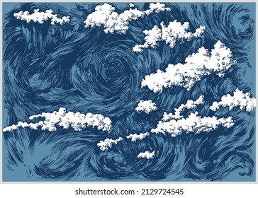 Beautiful clouds in the sky. Decorative dashed hand drawing image. Pen and ink retro classic etching, engraving style illustration.